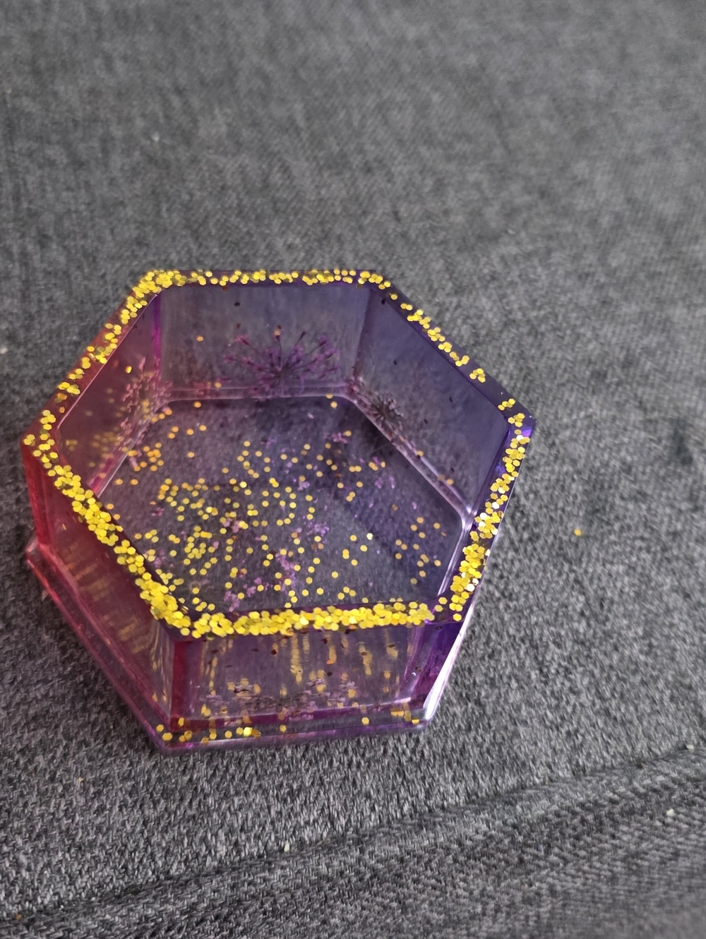 Hexagon Pink And Purple RESIN Trinket Dish with Yellow Glitter Edge and Flowers